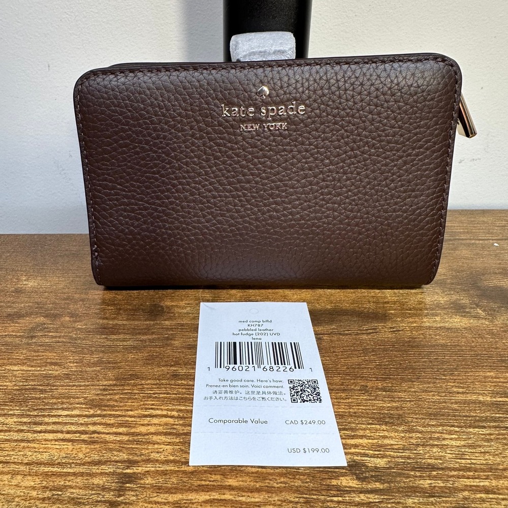 Kate Spade Lena Medium Compact Bifold Wallet Hot Fudge Pebbled Leather KH787